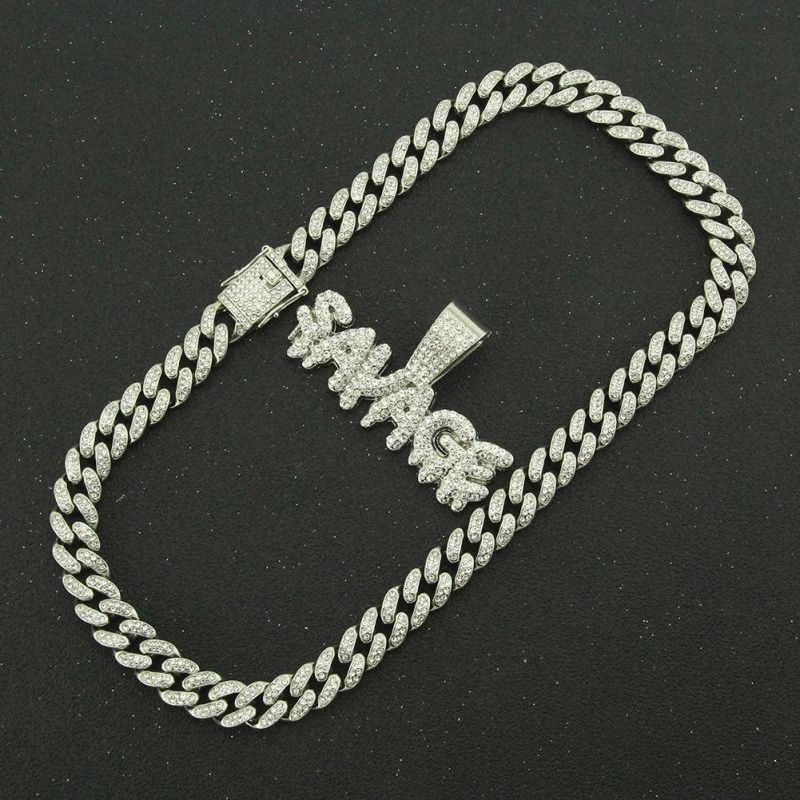 Trend Accessories Full Diamond Splicing Letter Pendant Cuban Chain Necklace