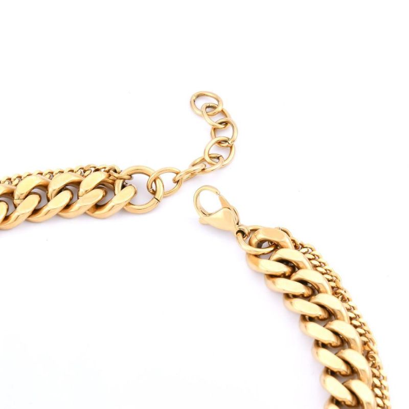 Stainless Steel Layered Necklace Cuban Chain Jewelry Fashion Gold Plated Necklaces for Men and Lady