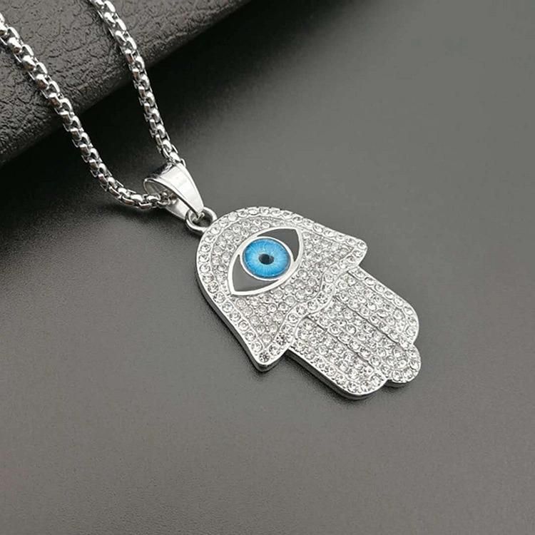 Titanium Steel Gilted Blue Eye Fatima Hand Pendant Necklace