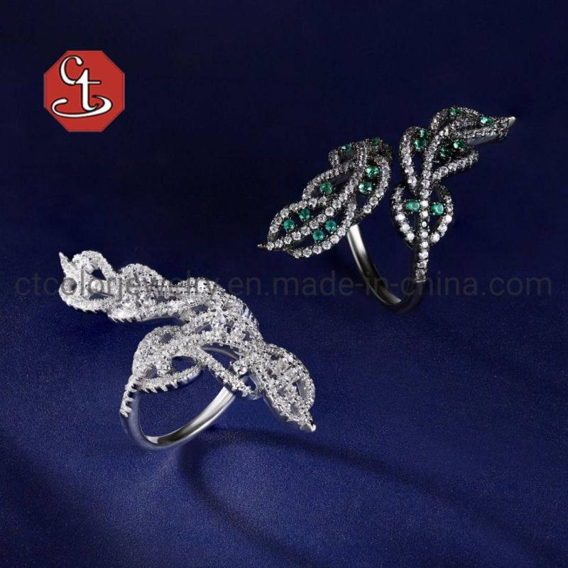 Leaf Shape CZ Silver Open Rings Brass Adjustable Ring Jewelry