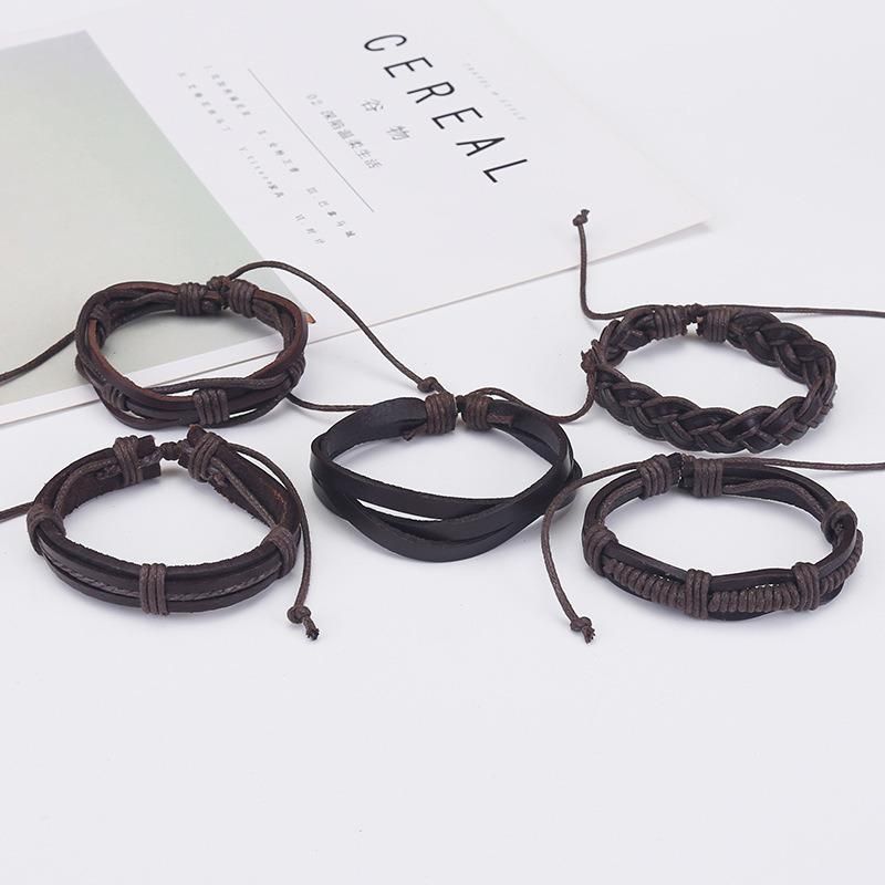 4 Piece Leather Cuff Bracelet for Men and Women Punk Rock Braided Bracelet Via Brown Black Wristband Handmade Bracelet