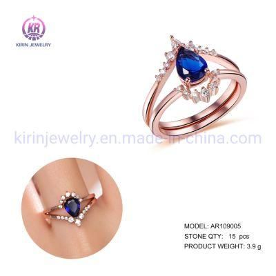 2 Piece 925 Engagement Ring Set Dark Blue Diamond Rose Gold Womens Wedding Rings Newshe Wedding Ring Sets