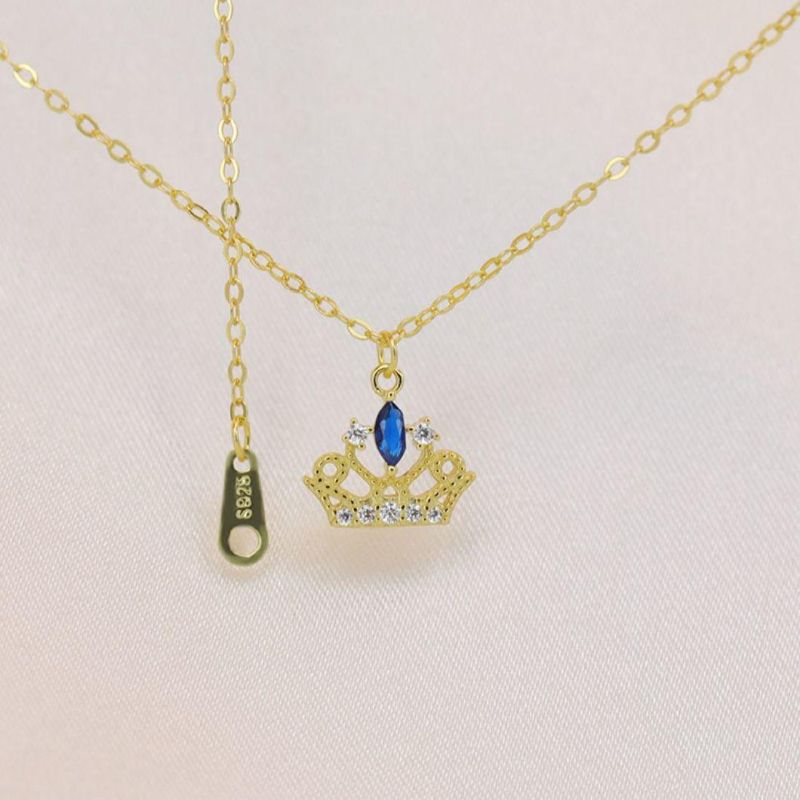 925 Sterling Silver 14K Gold Plated Crown Color Crystal Pendant Clavicle Chain Necklace Women Party Fashion Jewelry