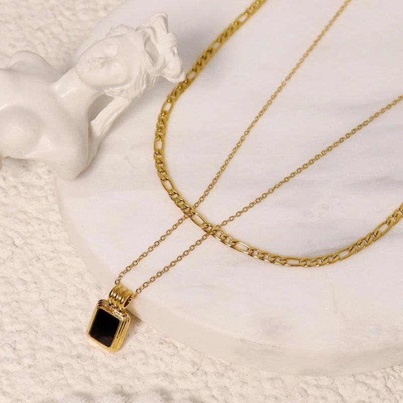 Enamel Stainless Steel Gold Plated Black Diamond Square Necklace