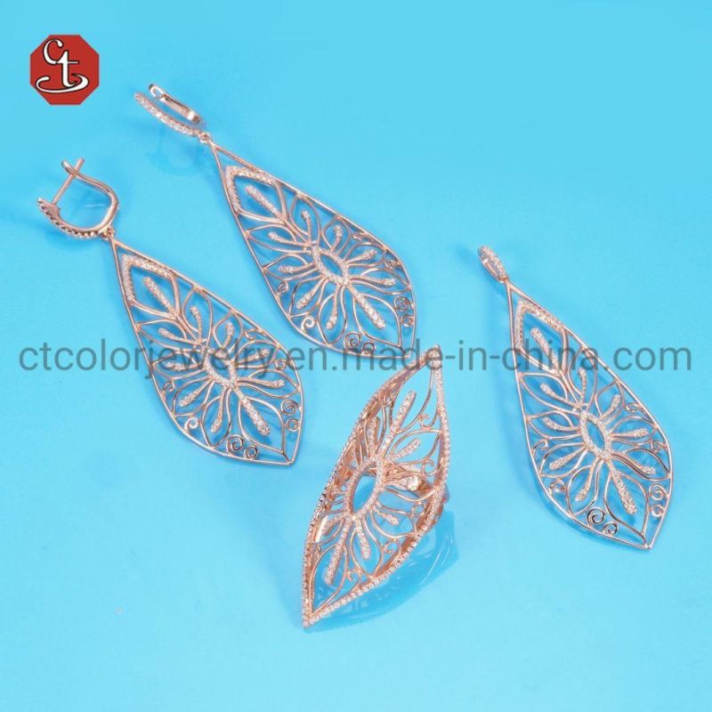 Charm Cubic Zircon Jewelry Sets Big Long Micro Paved Fashion Jewelry Cubic Zircon Leaf Drop Earrings Ring