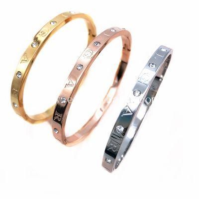 Stainless Steel Letter Girls Boys Jewelry 18K Gold Plated Three Color Lovely Young Girl Zircon Bangle Bracelet