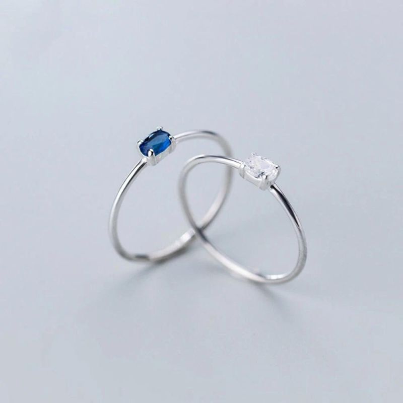 Minimalist Dazzling White Blue Oval CZ Finger Ring Size 6 7 8 Real 925 Sterling Silver for Women Wedding Jewelry