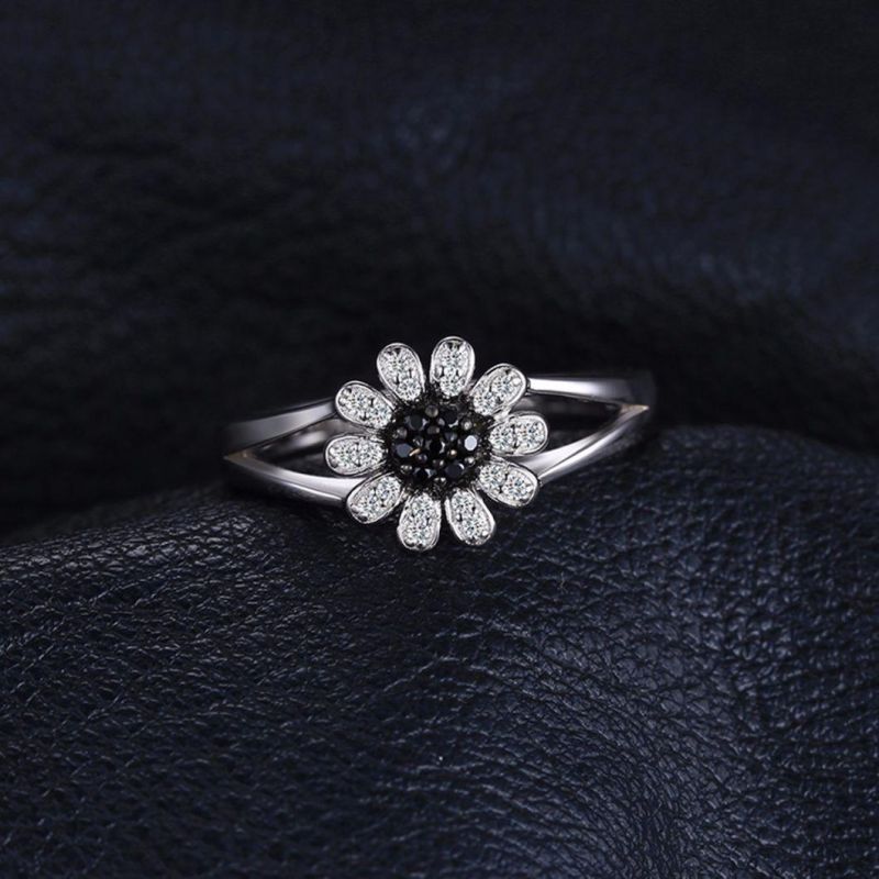 Fashion Jewellery Flower Round Genuine Black Spinel Ring Sterling Silver Jewelry