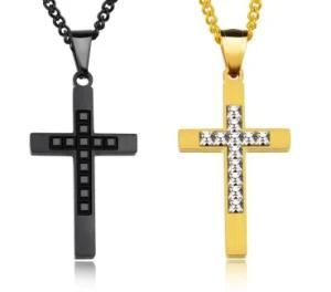 Cubic Zirconia Latin Cross Necklaces Pendants for Women Men Best Gifts Christian Jewelry Hiphop Stainless Steel Black Gold Color Chain Men
