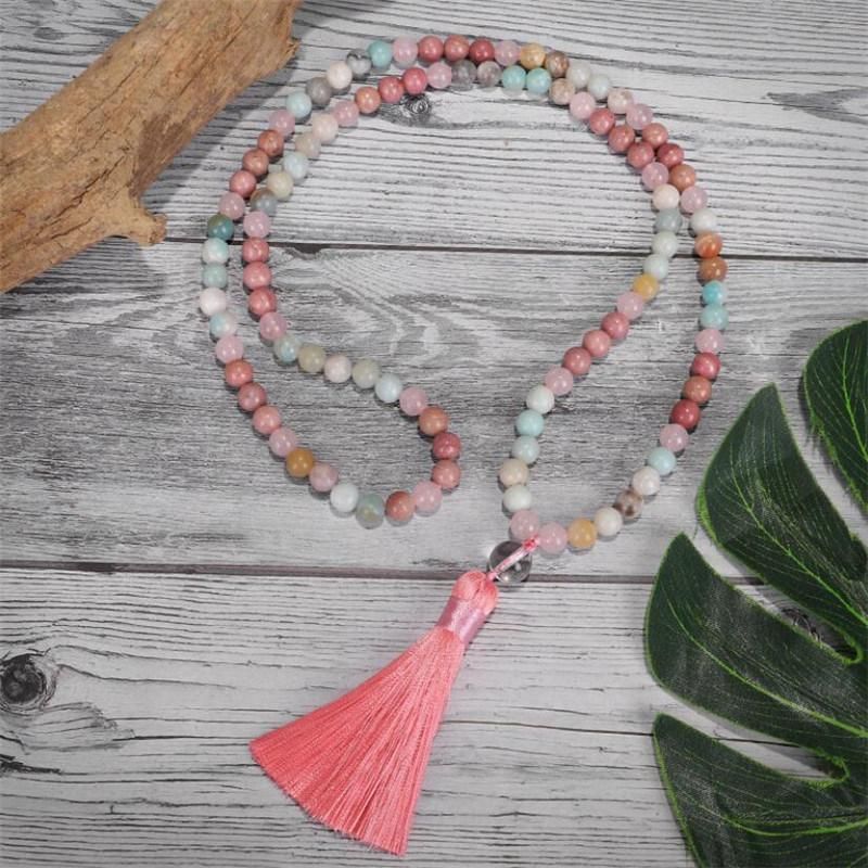 Natural 8mm Rhodochrosite Amazonite Beads Necklace Peaceful Heart 108 Bead Mala Jewelry Buddha Prayer Bracelet Necklace