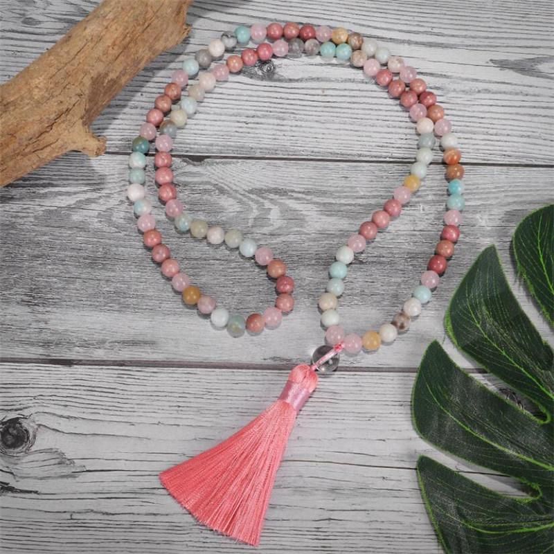 Natural 8mm Rhodochrosite Amazonite Beads Necklace Peaceful Heart 108 Bead Mala Jewelry Buddha Prayer Bracelet Necklace