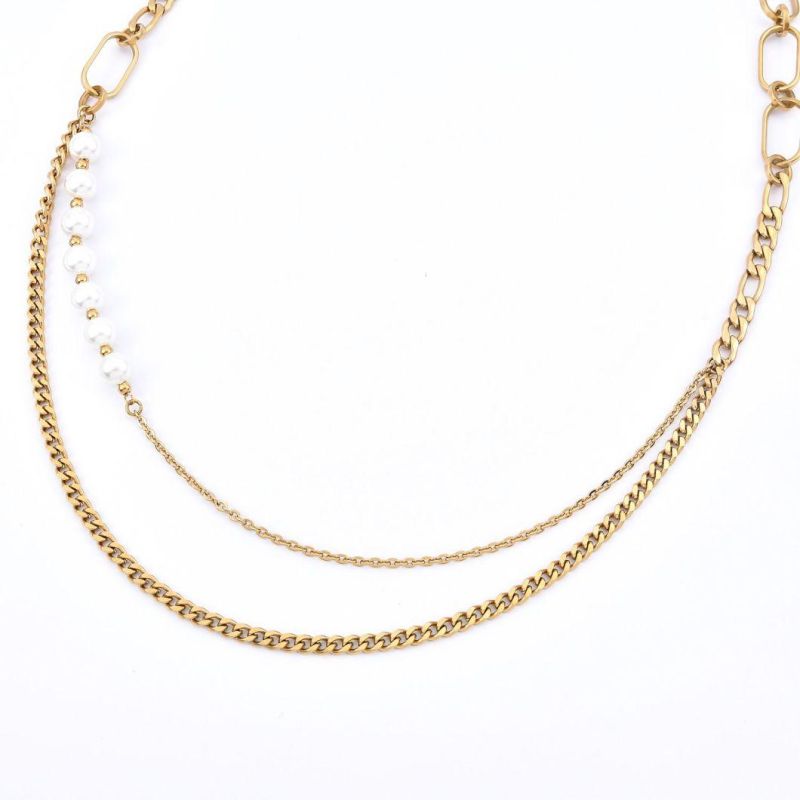 Unique Piece with Freshwater Pearl and Chain Link Toggle Necklace Stainless Steel 18K Gold Plated for Ladies