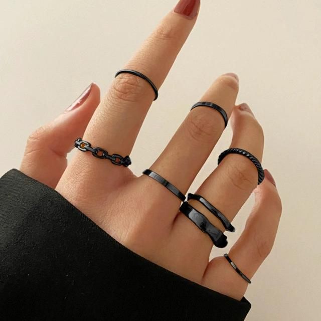 7PCS Girls Black Minimalist Metal Finger Rings Sets Fashion Accessories