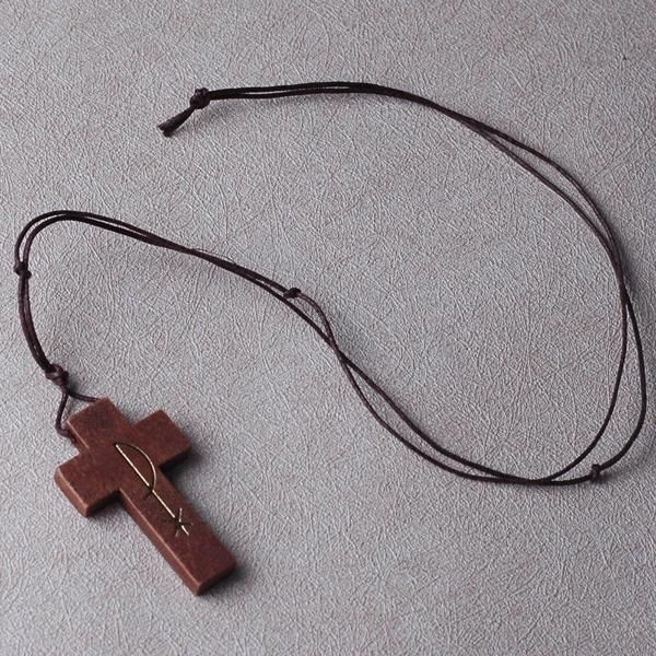 Wholesale Silver Color Imprinted 30mm Small Christian Wood Cross Pendant Necklace with Cord
