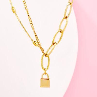 Fashion Women Curb Beaded Layer Necklace with Lock Pendant Gold Plated Sample Accepted 47cm