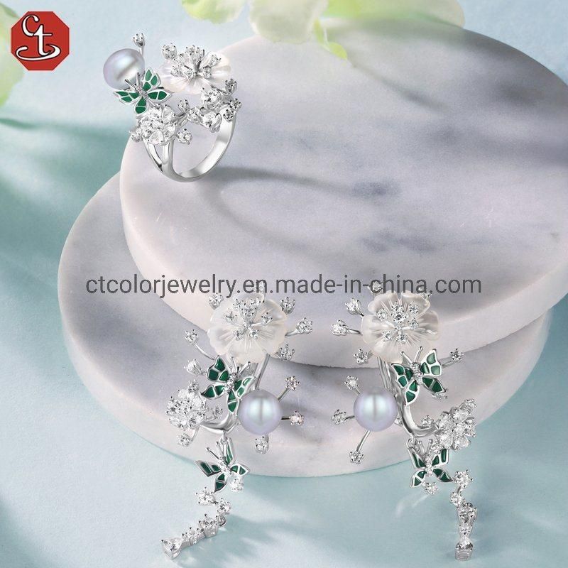 Hot sale jewelry white CZ green enamel mop flower ring for women