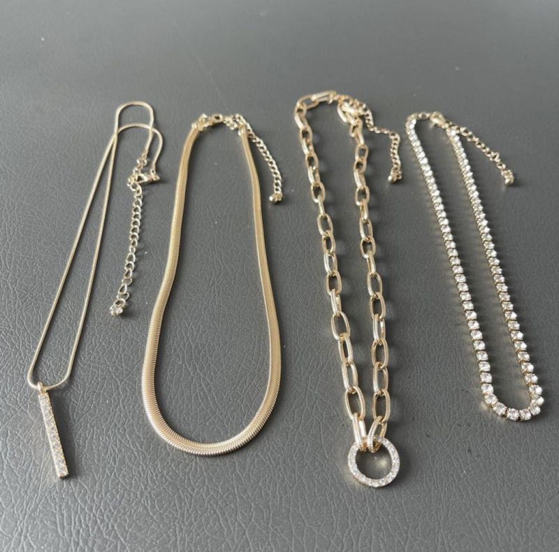 Wholesale Best Seller Multiple Layered Necklace Gold Plated Crystal Cupchain Choker Flat Snake Necklace Pave Bar and Crystal Pave Circle Pendant Link Chain Neck