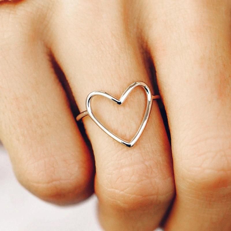 Customizable Fashion Simple Jewelry 925 Sterling Silver Statement 18K Gold Plated Big Heart Shape Thin Finger Ring for Women