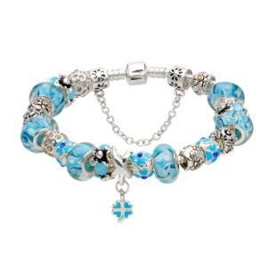 Blue Beads Four Leaf Pendant Charm Silver Bracelet Am55