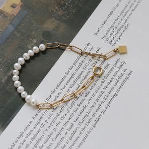 Custom Logo 18K Gold Plated Stainless Steel Paper Clip Chain Choker Fresh Water Pearl Necklace