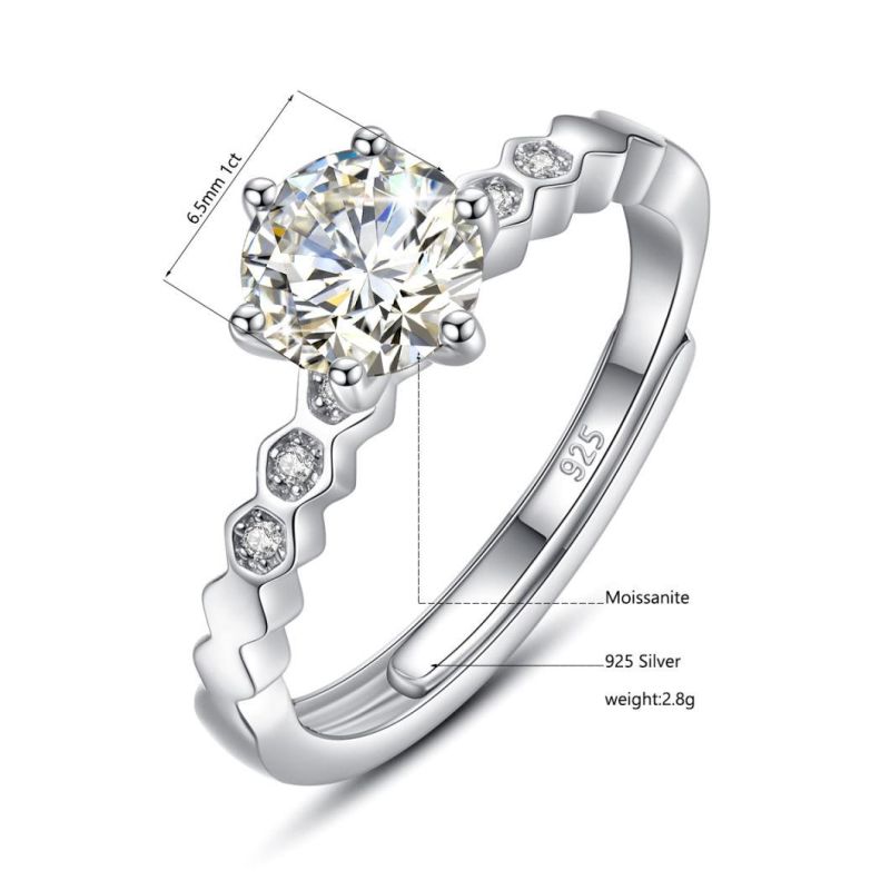 14K White Gold Plated 1 Carat Adjustable Women 100% 925 Sterling Silver Moissanite Rings Diamond Wedding Jewelry