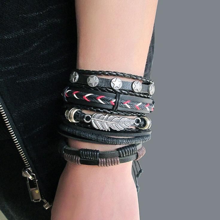Europe and America Simple Retro Bracelet DIY Woven Cowhide Bracelet Punk Bracelet Men′ S Hemp Rope Leather Bracelet