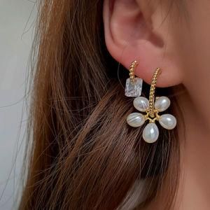 Elegant Korean Style Baroque Fresh Water Pearlearrings 18K Gold Plated Jewelry Brass Women Earrings