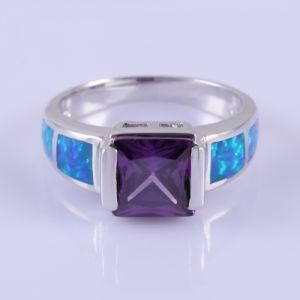Blue Fire Opal Stone Jewelry with Amethyst CZ Stone Ring