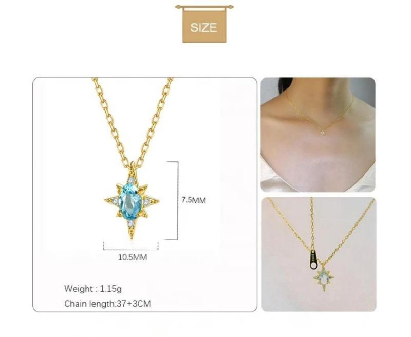 925 Sterling Silver Pendant Star with Blue Oval Zircon Gold Plated Necklace for Women Fashion Jewelry