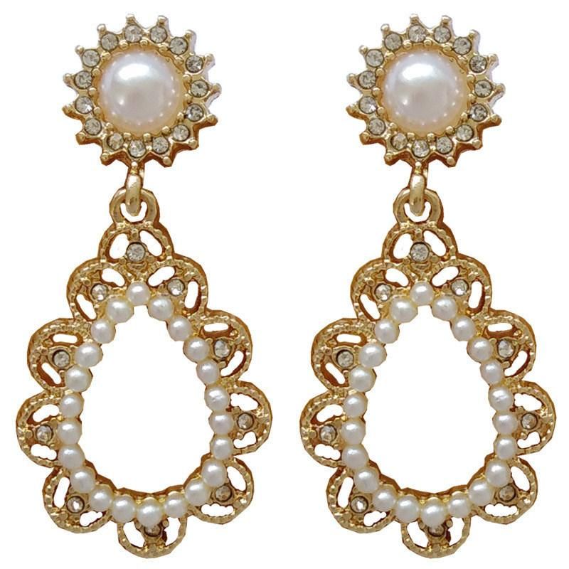 Manufacture New Trendy Crystal Pave Pearl Oval Shape Elegant Drop Earrings with Flower Surrounding Pattern for Women