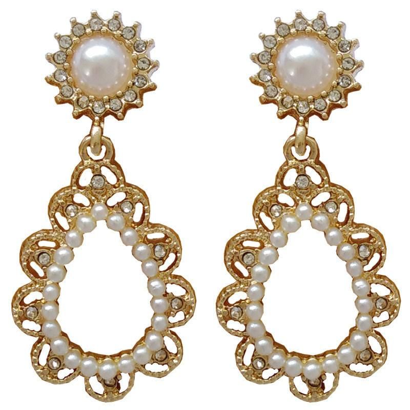 Manufacture New Trendy Crystal Pave Pearl Oval Shape Elegant Drop Earrings with Flower Surrounding Pattern for Women
