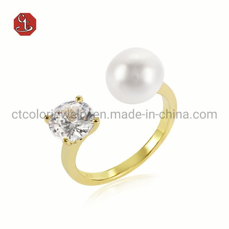 18K Gold Delicate 925 Sterling Silver CZ Adjustable Freshwater Pearl Ring