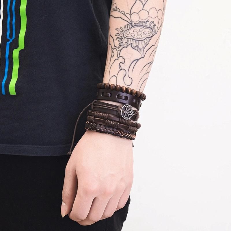 5 Piece Leather Cuff Bracelet for Men and Women Punk Rock Braided Bracelet Via Brown Black Wristband Handmade Jewelry