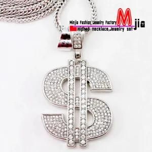 Silver Plated Dollar Sign Iced out Pendant Necklace 36&quot; Chain Bling Hip Hop (MJ94)