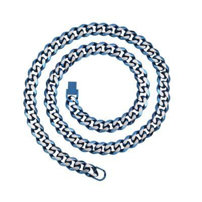 Stainless Steel Supplier Jewelry Thick Blue Color Plated Cuban Link Necklace for Hip Hop Men Fashion Necklaces 24inch