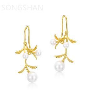 925 Sterling Silver Gold Plated Leaves and Pearl Earrings Vermeil Hoop Lady Earrings