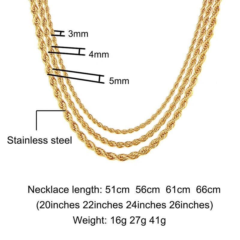 Fashion Simple Gold Plated Twist Rope Chain Bracelet Necklace for Rapper Dancer Men Women 14-36inch