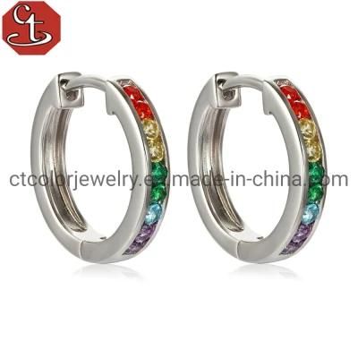 Fashion 925 Silver Huggie Hoop Earring with Rainbow CZ Stones for Women
