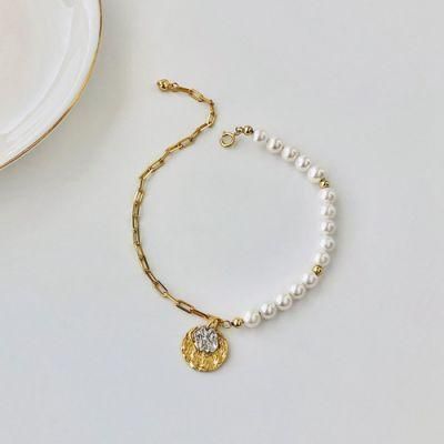 Dropshipping 925 Sterling Silver European Baroque Plated Chunky Chain Layered Choker Gold Queen Coin Pearl Pendant Bracelet