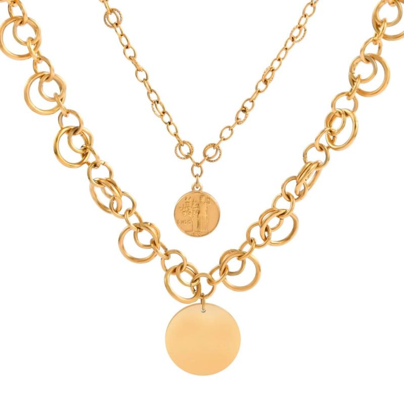 Fashion Gold Plated Circle Link Round-Shaped Charm Pendants 15inch, 22inch Layer Necklace for Men Women