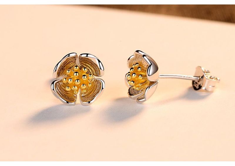 Blooming Flowers Silver Jewelry Stud Earrings for Ol