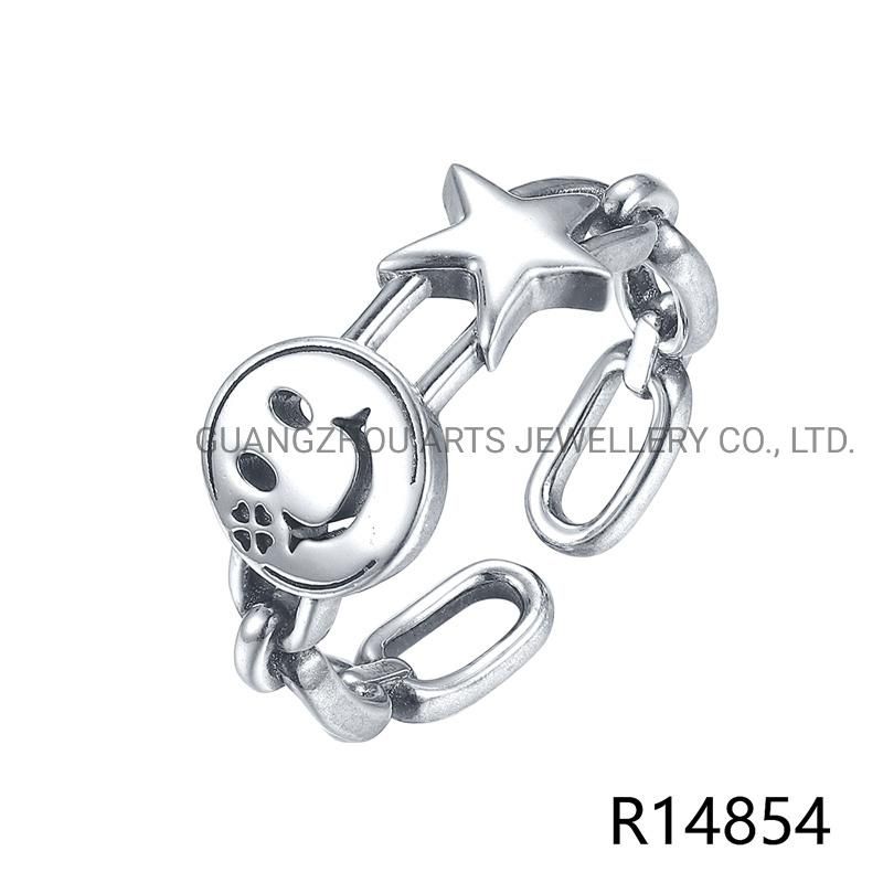 925 Sterling Silver Unique Star & Face Adjustable Ring