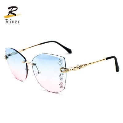 Diamond-Encrusted Engraved Metal Rimless Frames Women Sunglasses