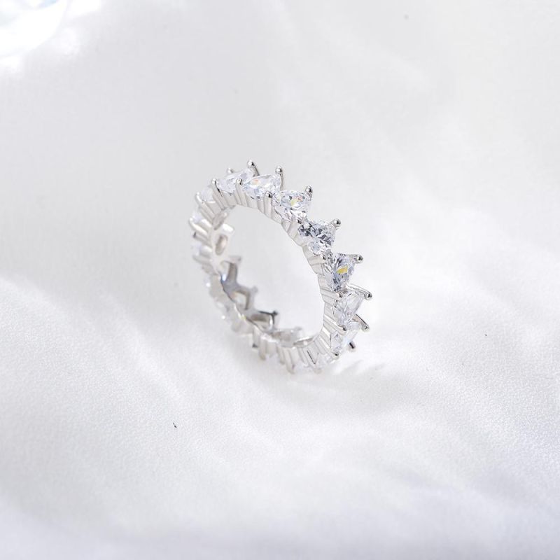 Elegant Bagues Pour Femmes S925 Sterling Silver Full-Way Setting Heart Zircon Eternity Wedding Band Ring for Female