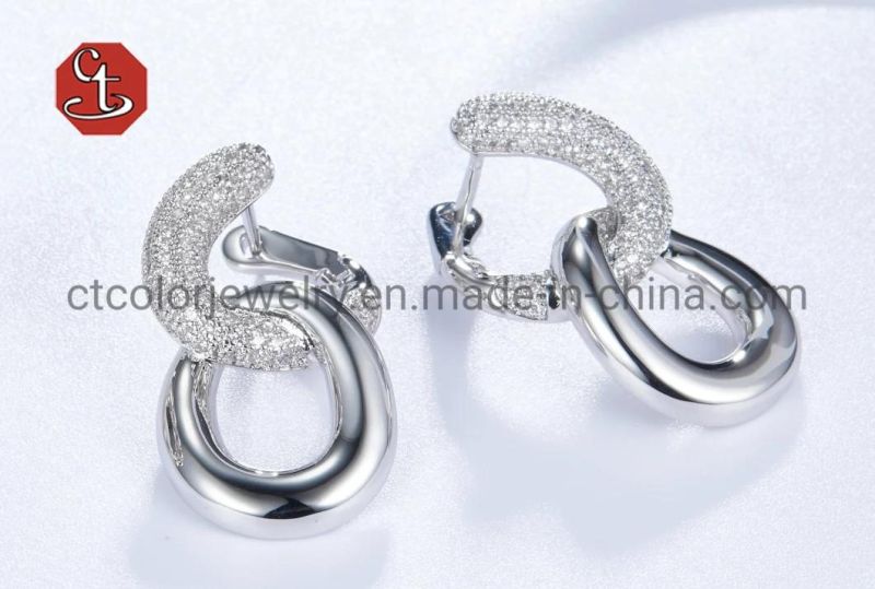 High Quality Link Hoop Earring CZ Stone Circle Round Silver Earring