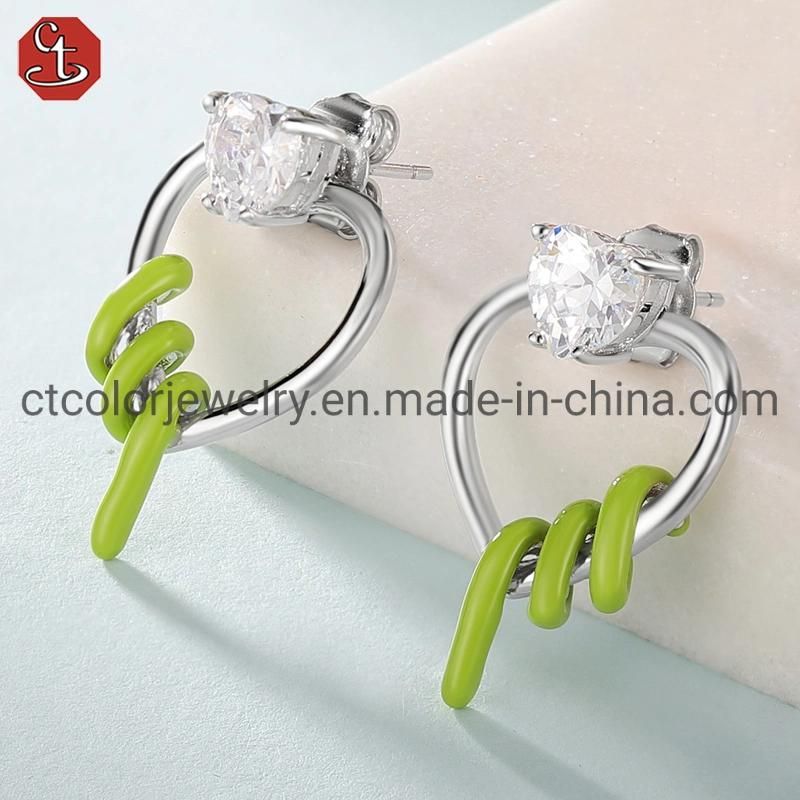 Fashion Jewelry 925 Sterling Silver CZ Color Enamel Heart Shaped Earring for Women