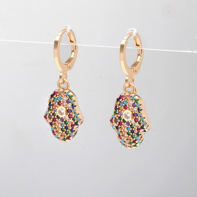 Brass Gold Plated Colorful Zircon Hamsa Hand of Fatima Earrings