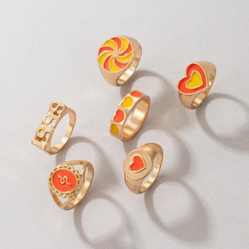Wholesale 6PCS/Set Punk Finger Rings Statement Green Enamel Gold Plated Stacking Rings with Candy Heart Snake Epoxy Patterns 1999 Year Fashion Women Ring