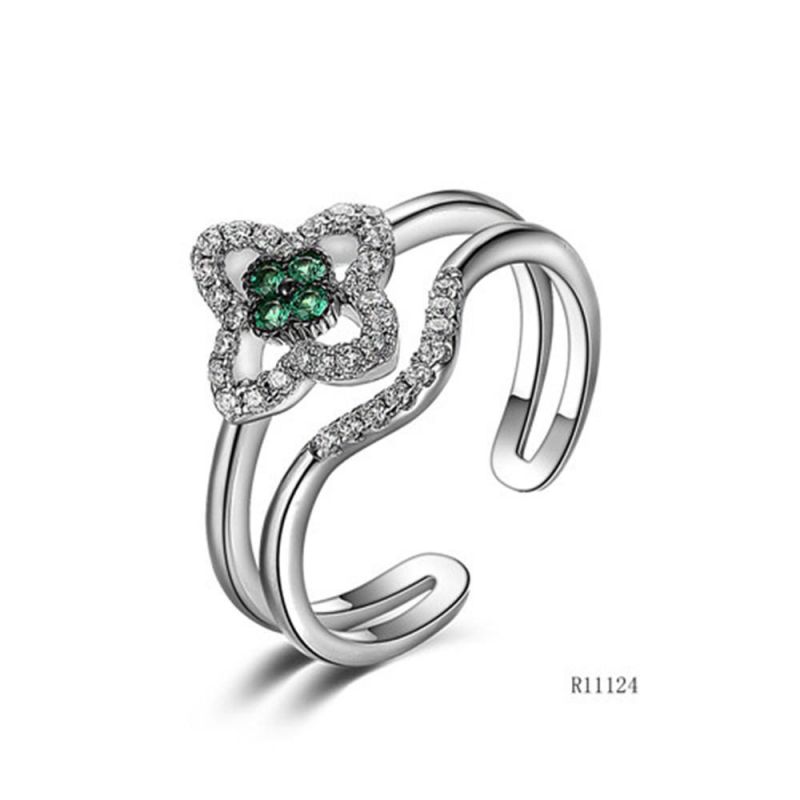 Double-Layer Four-Leaf Clover Silver with CZ Flower Open Ring