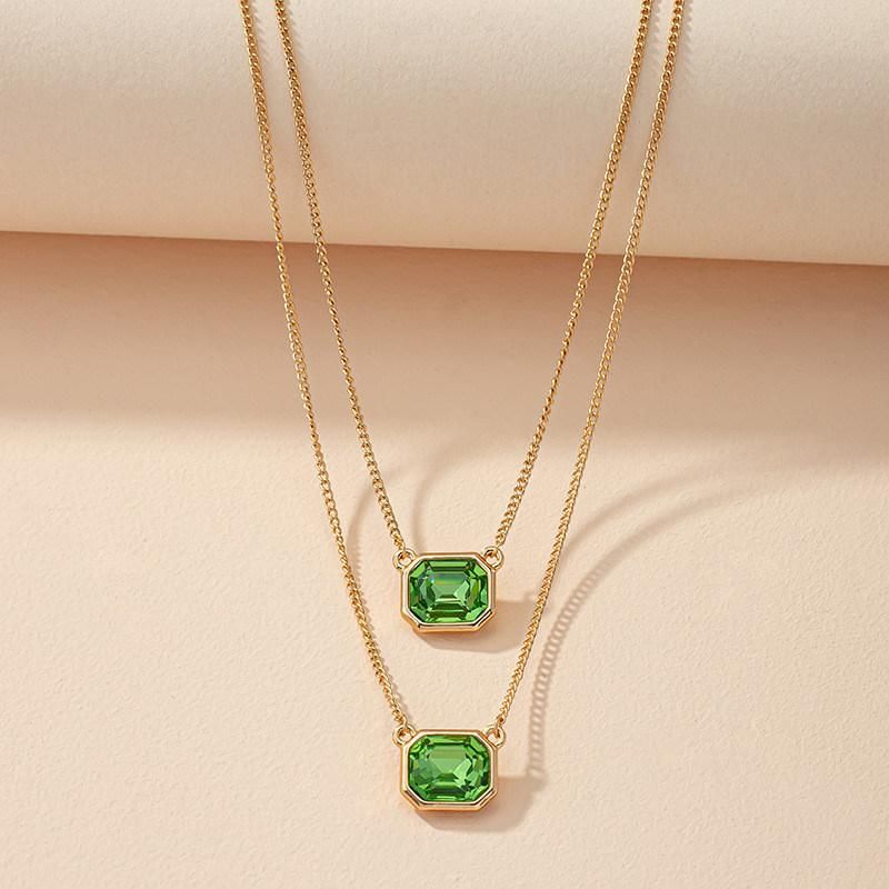 Manufacture Simple 2 Rows Emerald Square Glass Stone Pendant Necklace for Fashion Women Jewelry